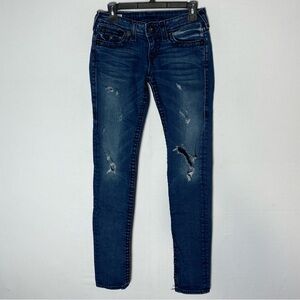 Vintage Y2K True Religion Distressed Dark Wash Ultra Low Rise Skinny Jeans 26